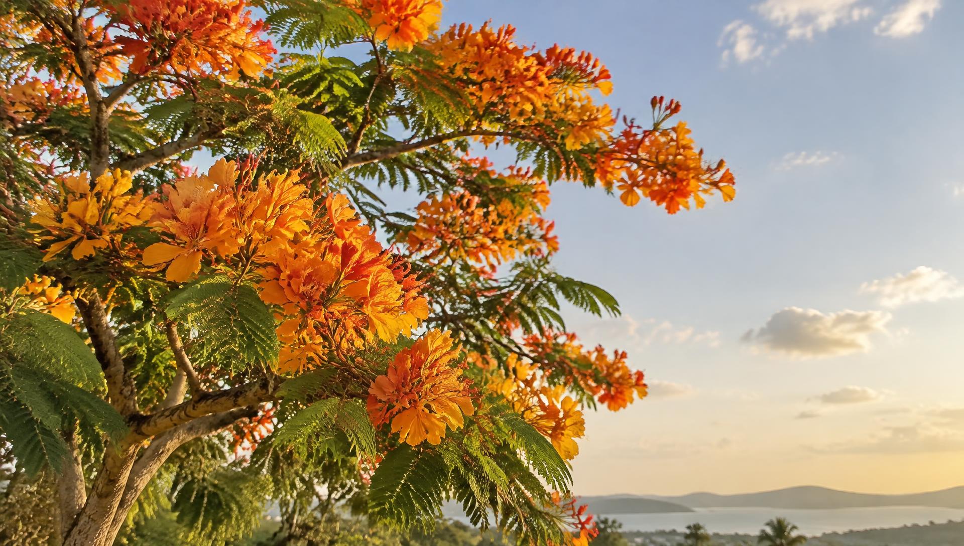 Flamboyán en flor sobre el paisaje caribeño